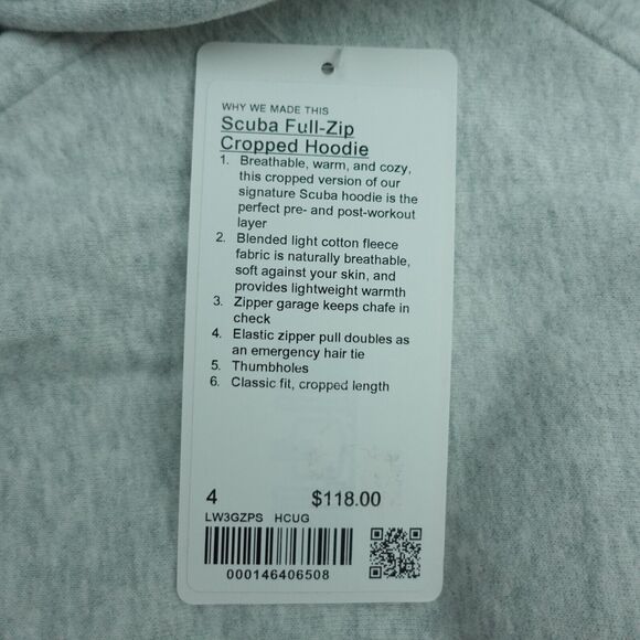 New Lululemon Size 4 Scuba Full Zip Cropped Hoodie HCUG Heathered Gray - Picture 10 of 10
